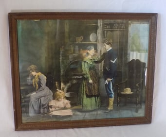 Antique military print of young soldier leaving home. Called Going Off To War
