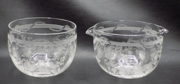 Elegant large pair of etched glass wine rinser bowls