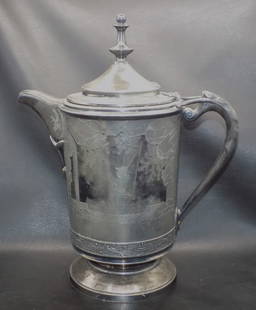 Wonderful highly decorated silverplated large coffee pot: Wonderful highly decorated silverplated large coffee pot. Patent 1854. Stimpson. Marked as shown in photo. Porcelain lined Has fishing scene on both sides. Man in boat on lake. In very good original a