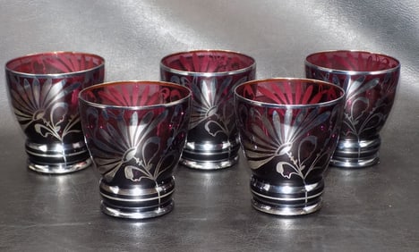 Five vintage silver overlay amethyst art glass barware glasses