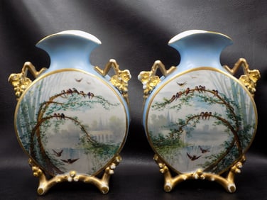 Beautiful pair of antique hand painted vases with birds in tree and flowers