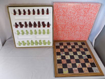Vintage Oriental decorated Chess set in original box: Vintage Oriental decorated Chess set in original box. Board is 16 inches square. Tallest piece is 2 &frac14; inches. In very good original as found condition. Great quality and detail. For in house sh