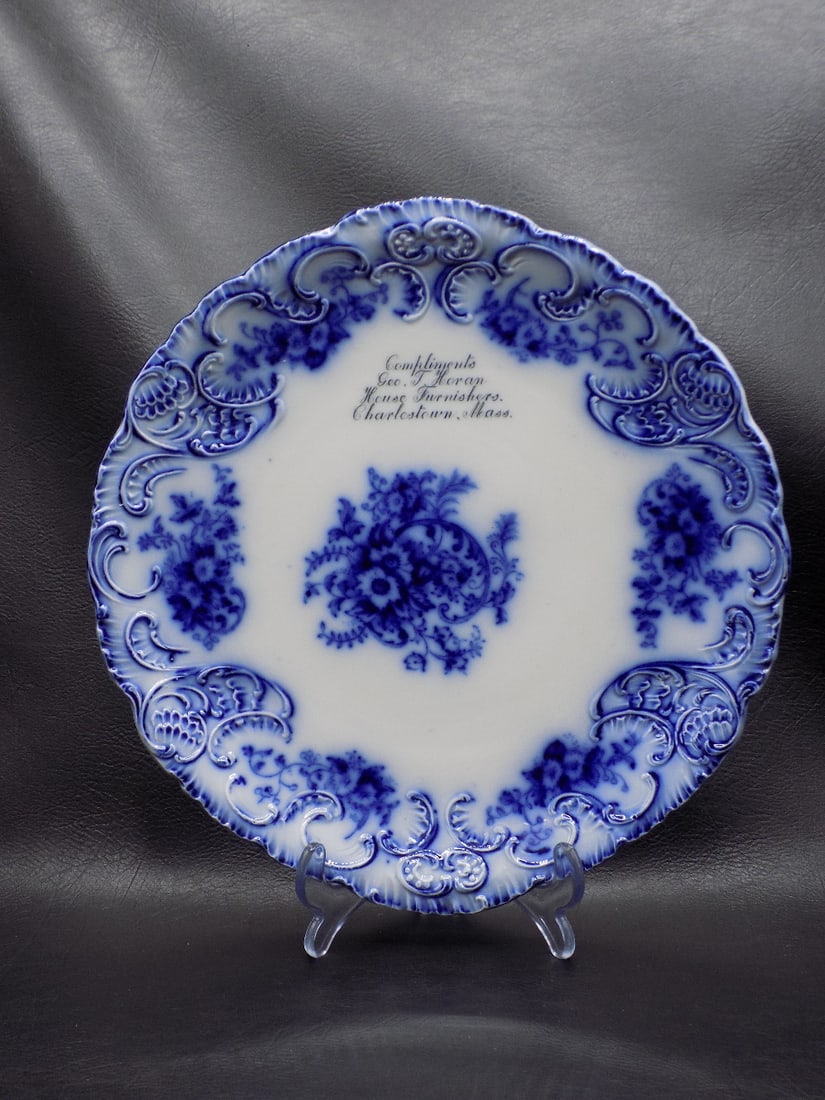 Nicely decorated antique Flow Blue plate with advertising (1 of 6)