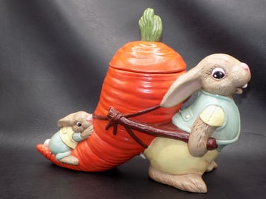 Unusual vintage ceramic bunny rabbit pulling carrot shaped canister