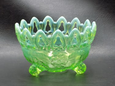 Antique Northwood Shell and Wild Rose green opalescent glass footed nut dish