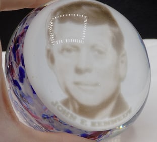 Vintage John Kennedy art glass paper weight.