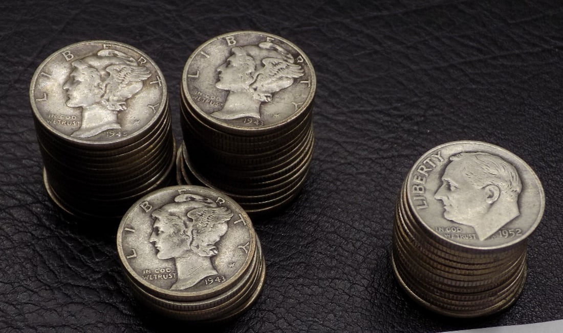 Fifty vintage 90% silver dimes. 37 Mercury and 13 Roosevelt dimes (1 of 1)