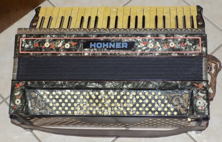 Vintage highly decorated Hohner accordion with case