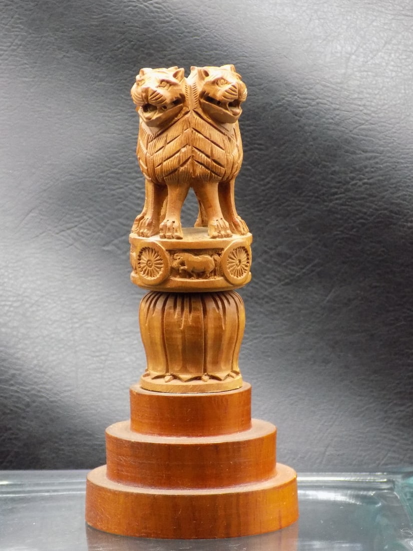 Hand carved Ashoka wood pillar sculpture with four lions (1 of 6)