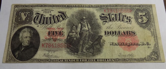 1907 $5 Dollar Large Size Legal Tender Banknote Woodchopper
