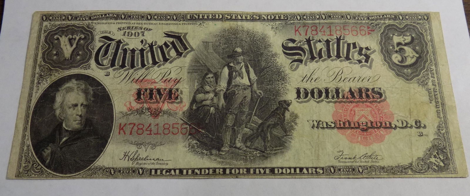 1907 $5 Dollar Large Size Legal Tender Banknote Woodchopper (1 of 4)