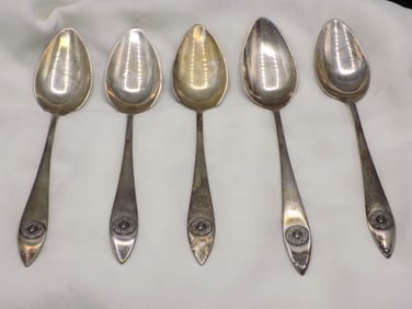 Five State of University of Iowa sterling silver spoons.