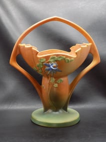 Vintage Roseville Columbine flower art pottery basket or vase