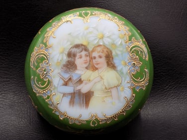 Charming vintage porcelain jewelry box with two girls