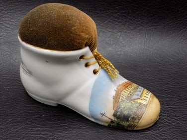 Unusual antique advertising sewing pin cushion decorated shoe
