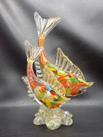 Midcentury colorful art glass fish pedestal