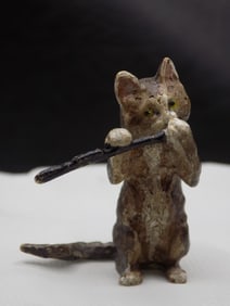 Vintage signed  Bergman miniature Vienna bronze cat playing instrument.