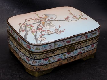 Great vintage Oriental cloisonne large jewelry or trinket box