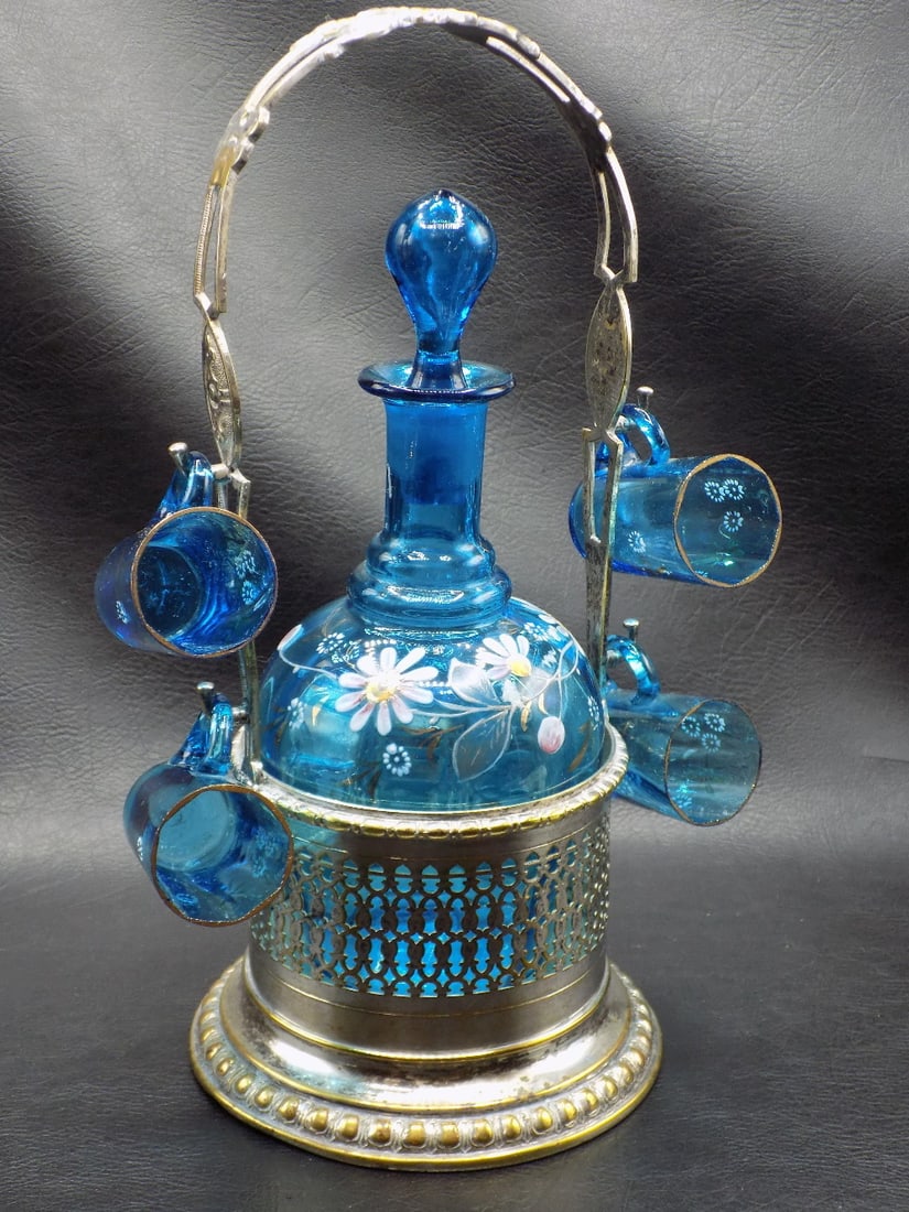 Exceptional antique art glass liquor set in silver plate holder (1 of 11)