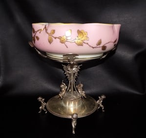 Elegant Victorian art glass brides bowl with cupids or angles on base