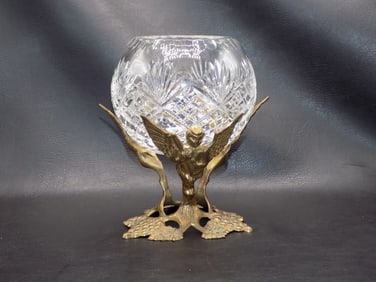 Beautiful antique cut glass bowl in pedestal base with  brass angels holding instruments
