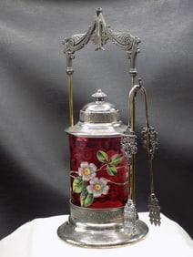 Exceptional antique decorated art glass pickle castor with  Middletown  silverplate holder.