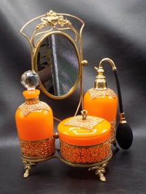 Wonderful vibrant Art Nouveau dresser set with mirror.