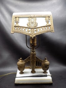 Marvelous vintage Bradley and Hubbard stained glass panel desk lamp wit inkwells