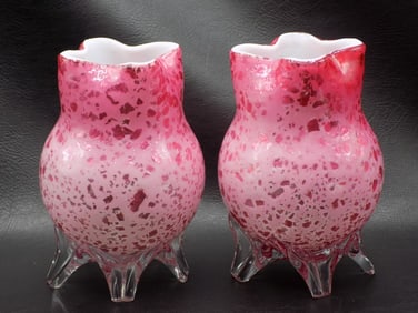Antique pair of silver mica pink cased art glass vases