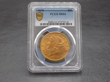 1878 $20 dollar graded MS61 gold coin by PCGS.