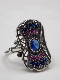 2 cwt blue sapphire and ruby sterling silver filigree ring