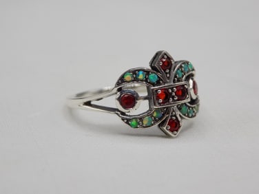 1 cwt fleur-de-lis ruby and opal sterling silver ring