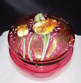 Splendid enamel decorated cranberry art glass jewelry box