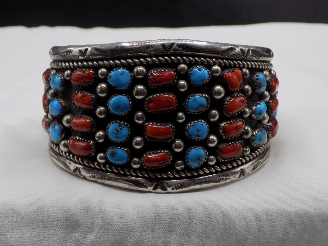 Fabulous vintage Native American Indian turquoise and coral bracelet (1 of 6)