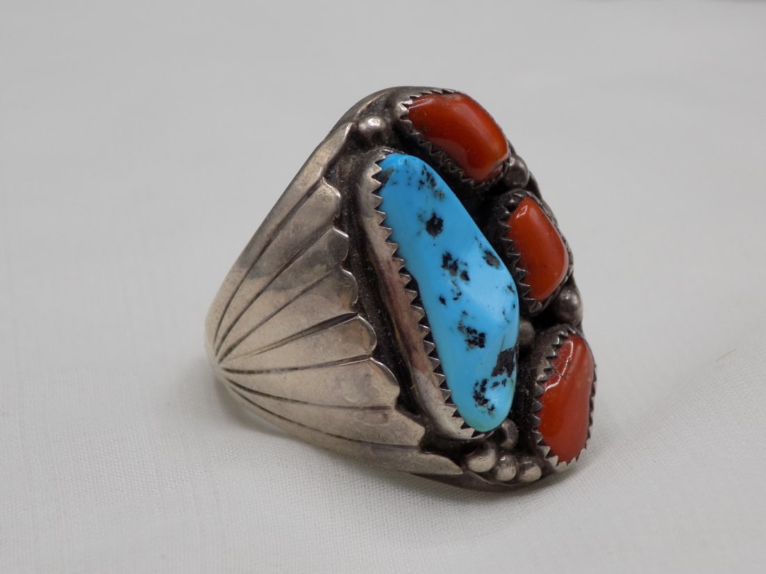 Vintage Native American Indian turquoise and coral sterling silver ring: Vintage Native American Indian turquoise and coral sterling silver ring. Artist signed NJ as shown in photo. Possible artists Norvin Johnson or Nila Johnson. Size 13. Beautiful colors. In very good or