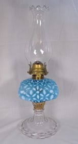 Antique blue opalescent snowflake art glass kerosene lamp.