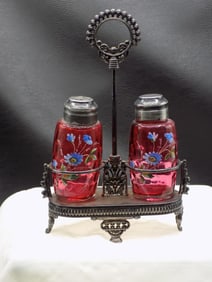Beautiful antique decorated cranberry thumbprint art glass salt and pepper shakers