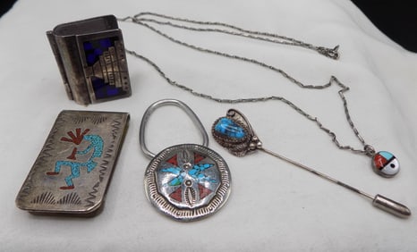 Four vintage Native American Indian and one Mexico sterling silver