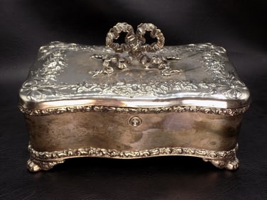 Fancy large antique silverplated jewelry or trinket box marked  Simpson, Hall and Miller