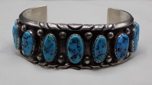 Vintage Native American Indian signed P S Frank Sleeping Beauty turquoise sterling silver bracelet.