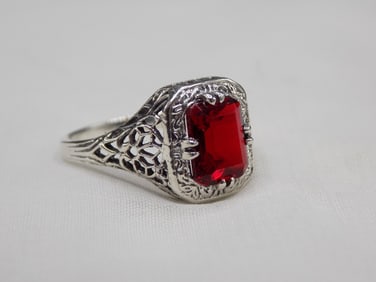 2 cwt ruby sterling silver filigree ring.  Lab created ruby