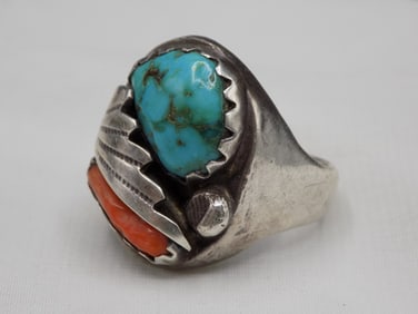 Vintage Native American Indian turquoise and coral sterling silver ring