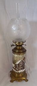 Antique hand painted winter scene and mill banquet kerosene lamp