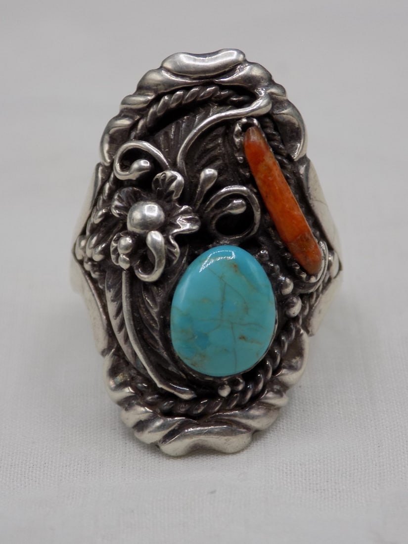 Vintage Native American Indian turquoise and coral sterling silver ring (1 of 6)