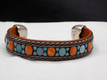 Vintage Native American Indian turquoise, coral and opals sterling silver bracelet