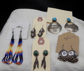 Collection of Native American Indian sterling silver and turquoise earrings