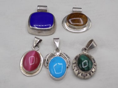 Five vintage semiprecious stone sterling silver pendants