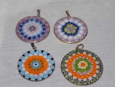 Four beautiful vintage millefiori sterling silver art glass pendants
