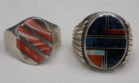 Two vintage multi stone inlay sterling silver rings