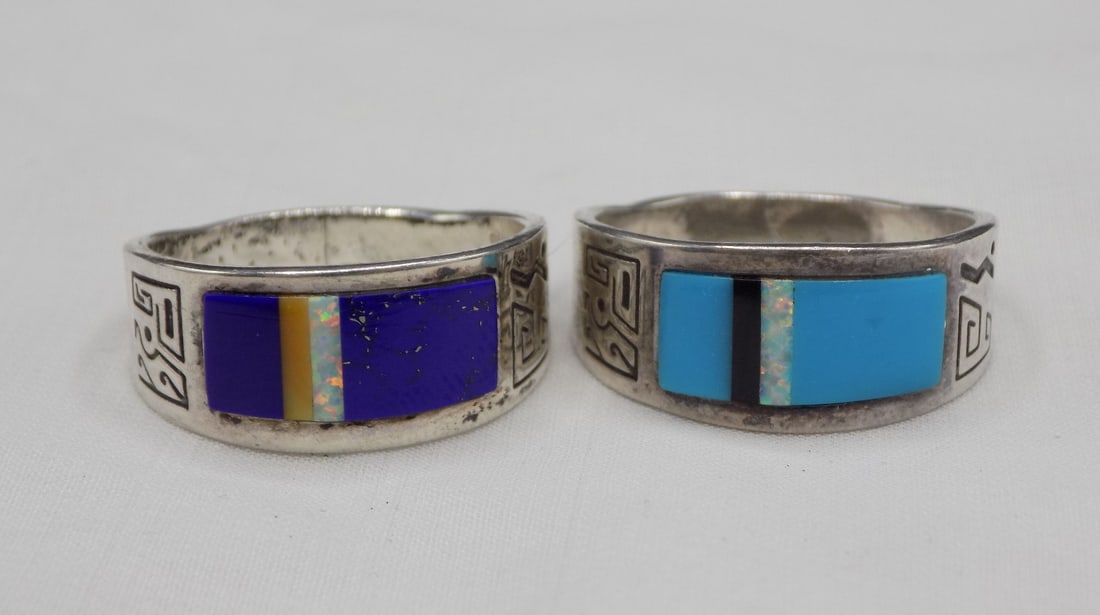 Two vintage Native American Indian sterling silver rings: Two vintage Native American Indian sterling silver rings. Artist signed as shown in photo. Lapis and opal size 11. Turquoise and opal size 12. In very good original as found condition. Great quality a